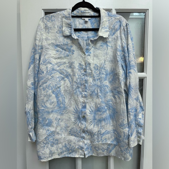 J. Jill Everyday Linen Button-Front Shirt 100% Linen Blue Floral Blouse Size XL - Picture 4 of 16